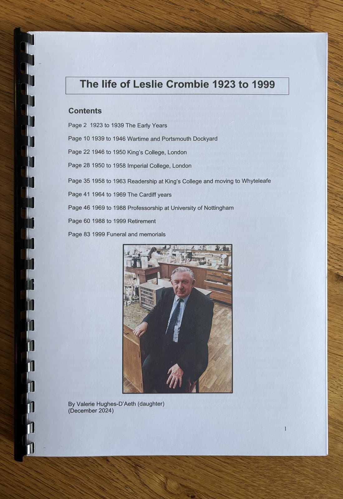 One of Valerie's handmade books, The Life of Leslie Crombie, open at the contents page